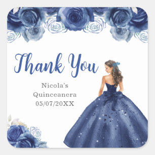 Sticker Carré Princesse florale en robe bleue marine Quinceanera
