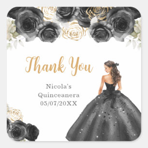 Sticker Carré Princesse florale en robe noire Quinceanera