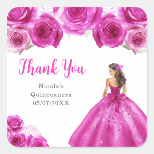 Sticker Carré Princesse florale en robe rose chaud Quinceanera