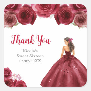 Sticker Carré Princesse florale en robe rouge Sweet Sixteen