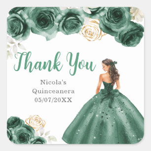 Sticker Carré Princesse florale en robe vert foncé Quinceanera