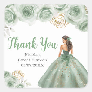 Sticker Carré Princesse florale en robe verte Sweet Sixteen