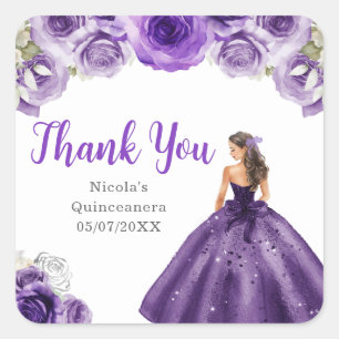 Sticker Carré Princesse florale en robe violet foncé Quinceanera