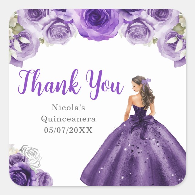 Sticker Carré Princesse florale en robe violet foncé Quinceanera (Devant)