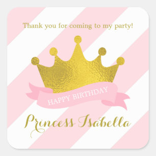 Sticker Carré Princesse Tiara rose et or Anniversaire