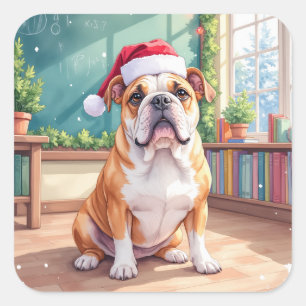 Sticker Carré Professeur Bouledogue Anglais Chapeau de Père Noël
