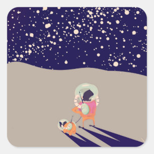 Sticker Carré Promeneur de chien sur la lune dessin animé vintag