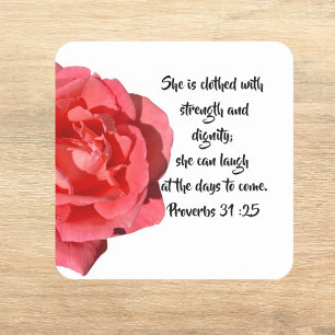 Sticker Carré Proverbes 31:25 Roses Rouges Livre Personnalisé