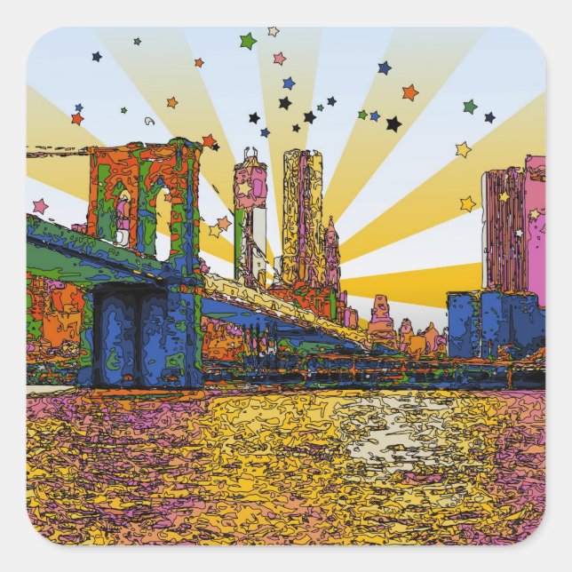 Sticker Carré Psychedelic New York : Brooklyn Bridge, WTC #1 (Devant)