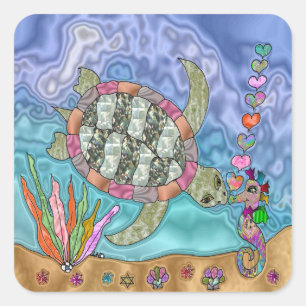 Sticker Carré Psychédélic Sea Turtle Seahorse