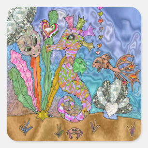 Sticker Carré Psychedelic Seahorse Sea Turtle Art