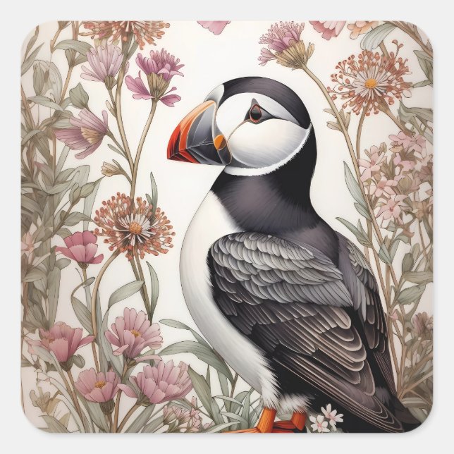 Sticker Carré Puffin élégant William Morris Inspiré Floral (Devant)