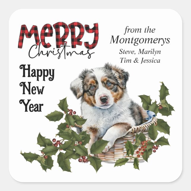 Sticker Carré Puppy Holly Pasket Shepherd'Australie Noël (Devant)