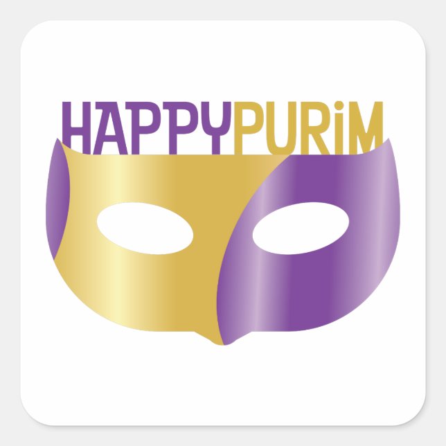 Sticker Carré Purim et masque violet or heureux (Devant)