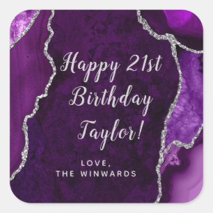 Sticker Carré Purple et Argent Agate Joyeux anniversaire