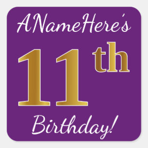Sticker Carré Purple, Faux Gold 11e anniversaire + Nom personnal