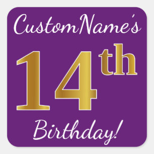 Sticker Carré Purple, Faux Gold 14e anniversaire + Nom personnal