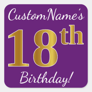 Sticker Carré Purple, Faux Gold 18e anniversaire + Nom personnal