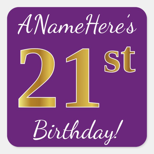 Sticker Carré Purple, Faux Gold 21e anniversaire + Nom personnal (Devant)