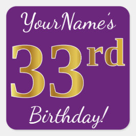 Sticker Carré Purple, Faux Gold 33ème anniversaire + Nom personn