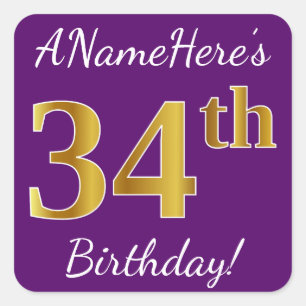 Sticker Carré Purple, Faux Gold 34e anniversaire + Nom personnal