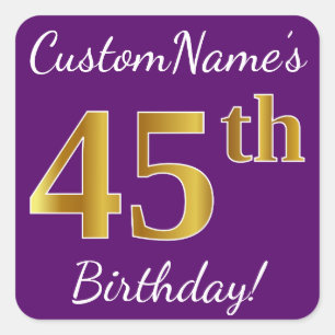 Sticker Carré Purple, Faux Gold 45e anniversaire + Nom personnal