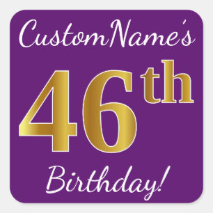 Sticker Carré Purple, Faux Gold 46e anniversaire + Nom personnal