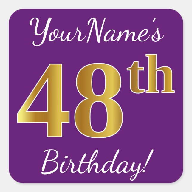 Sticker Carré Purple, Faux Gold 48e anniversaire + Nom personnal (Devant)