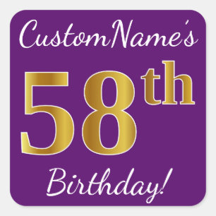 Sticker Carré Purple, Faux Gold 58e anniversaire + Nom personnal