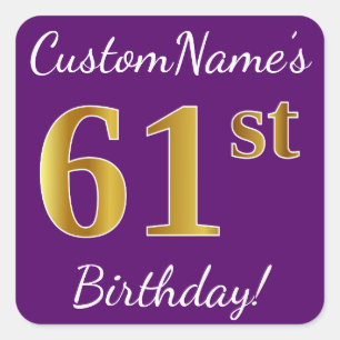 Sticker Carré Purple, Faux Gold 61e anniversaire + Nom personnal
