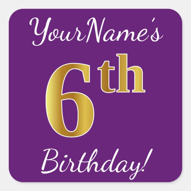 Sticker Carré Purple, Faux Gold 6e anniversaire + Nom personnali (Devant)