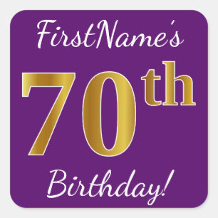 Sticker Carré Purple, Faux Gold 70e anniversaire + Nom personnal