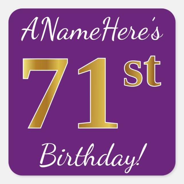 Sticker Carré Purple, Faux Gold 71e anniversaire + Nom personnal (Devant)