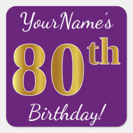 Sticker Carré Purple, Faux Gold 80e anniversaire + Nom personnal