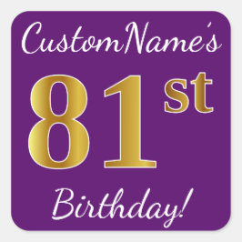 Sticker Carré Purple, Faux Gold 81ème anniversaire + Nom personn