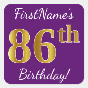 Sticker Carré Purple, Faux Gold 86e anniversaire + Nom personnal