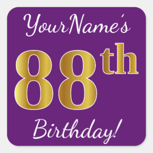 Sticker Carré Purple, Faux Gold 88e anniversaire + Nom personnal