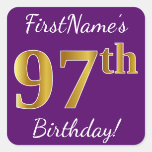 Sticker Carré Purple, Faux Gold 97e anniversaire + Nom personnal