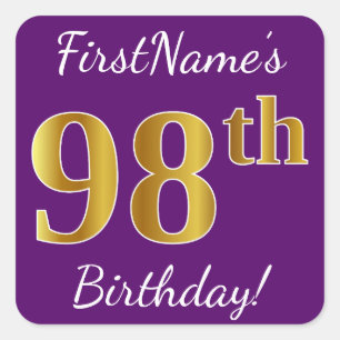 Sticker Carré Purple, Faux Gold 98e anniversaire + Nom personnal