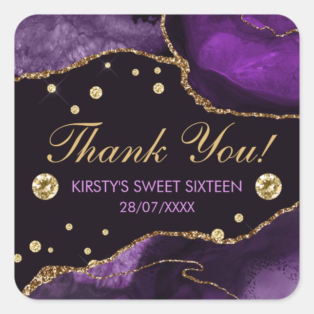 Sticker Carré Purple & Faux Gold Parties scintillant Agate Sweet (Devant)