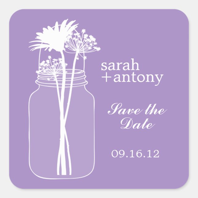 Sticker Carré Purple Mason Jar et Mariage de fleurs (Devant)
