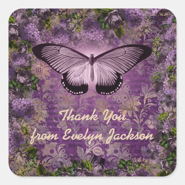 Sticker Carré Purple Moth Floral Journal Ephemera Merci (Devant)