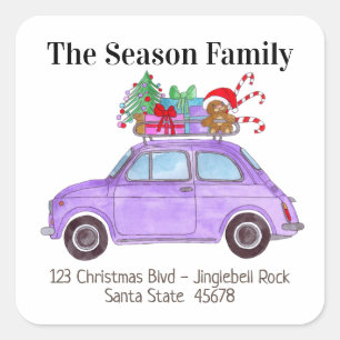 Sticker Carré Purple Retro Fiat 500 avec cadeaux de Noël