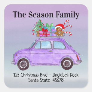 Sticker Carré Purple Retro Fiat 500 avec cadeaux de Noël