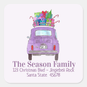 Sticker Carré Purple Retro Fiat 500 avec cadeaux de Noël