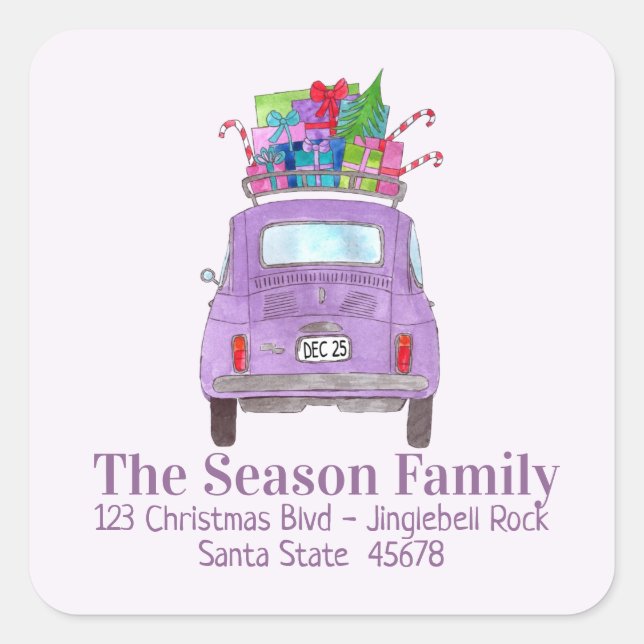 Sticker Carré Purple Retro Fiat 500 avec cadeaux de Noël (Devant)