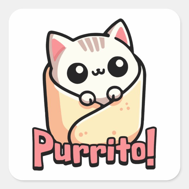 Sticker Carré Purrito ! Cute Burrito Pun de chat (Devant)