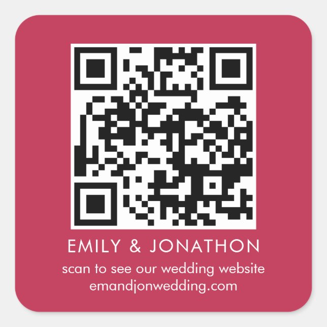 Sticker Carré QR Code Mariage Site Web Noms Magenta (Devant)