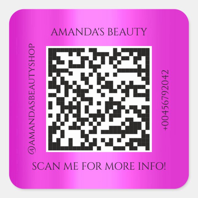 Sticker Carré QR Code Nom promotionnel Contact Pink Fuchsia (Devant)
