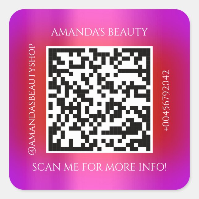 Sticker Carré QR Code Nom promotionnel Contact Rouge rose (Devant)
